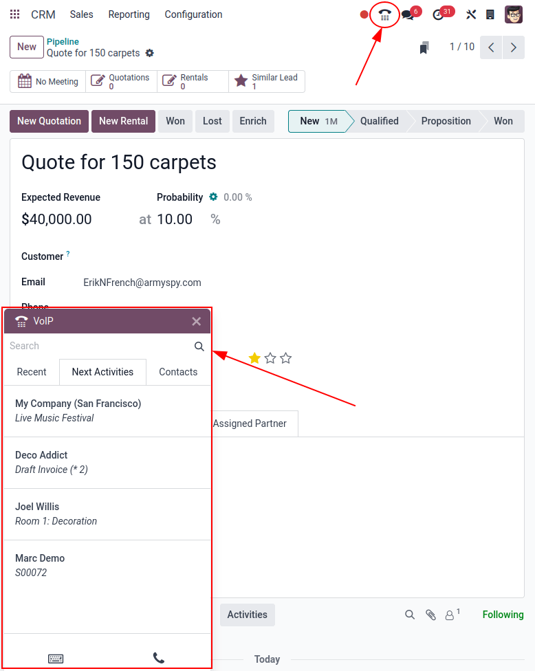 CRM-leiðir og valkostur til að tímasetja aðgerð fyrir Odoo Discuss.