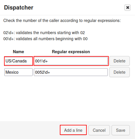 Stillingar fyrir Dispatcher; reitirnir Name, Regular expression og Add a line eru dregnir fram.