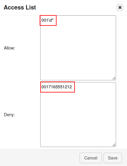 Stillingar fyrir Access List; reitirnir Allow og Deny eru dregnir fram.