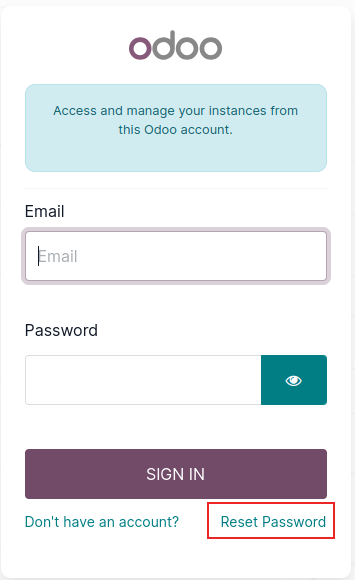 Innskráningarsíða á Odoo.com þar sem valkosturinn endurstilla lykilorð er auðkenndur.