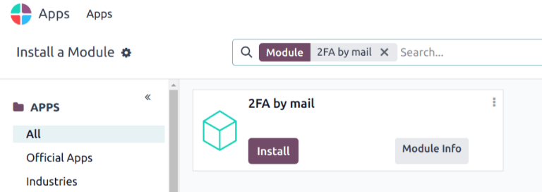 Einingin 2FA by mail í forritalista.