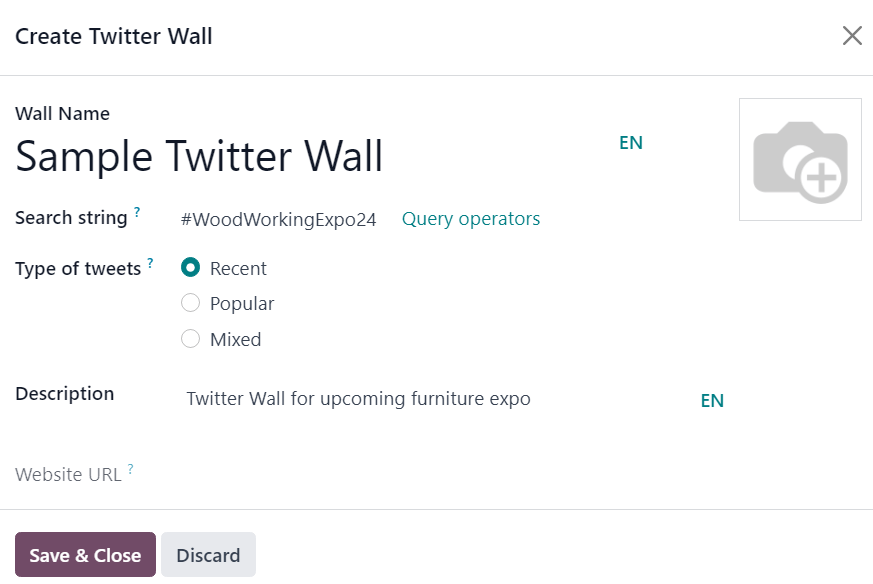Twitter Wall sprettiglugginn í Odoo Viðburðir forritinu.