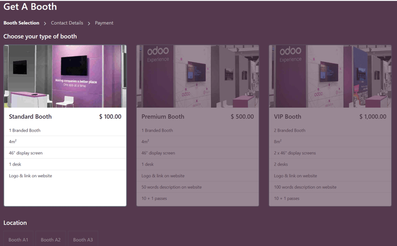 Dæmigerð Fá stand-síða á viðburðarvefsíðunni í gegnum Odoo Viðburðir.