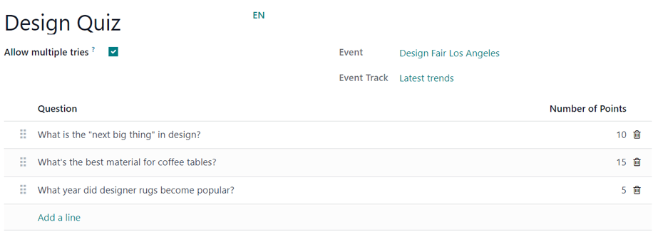 Síðan Bæta við spurningakeppni í Odoo Events forritinu fyrir viðburðarspor.