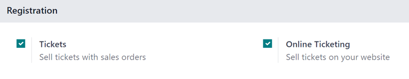 Yfirlit yfir stillingasíðu Odoo Events.