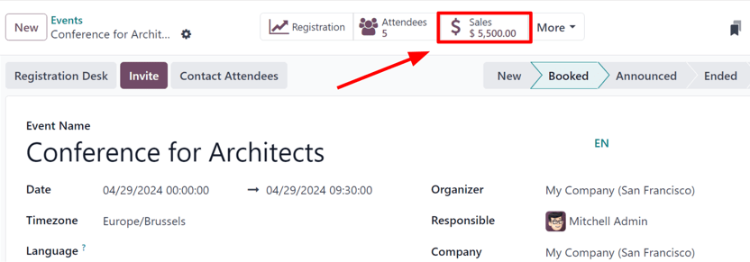 Yfirlit yfir viðburðarform og Sales snjallhnappinn í Odoo Events.