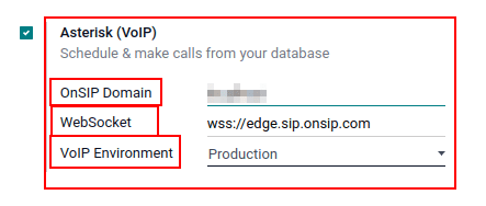 VoIP uppsetningarstillingar í Odoo Stillingum.