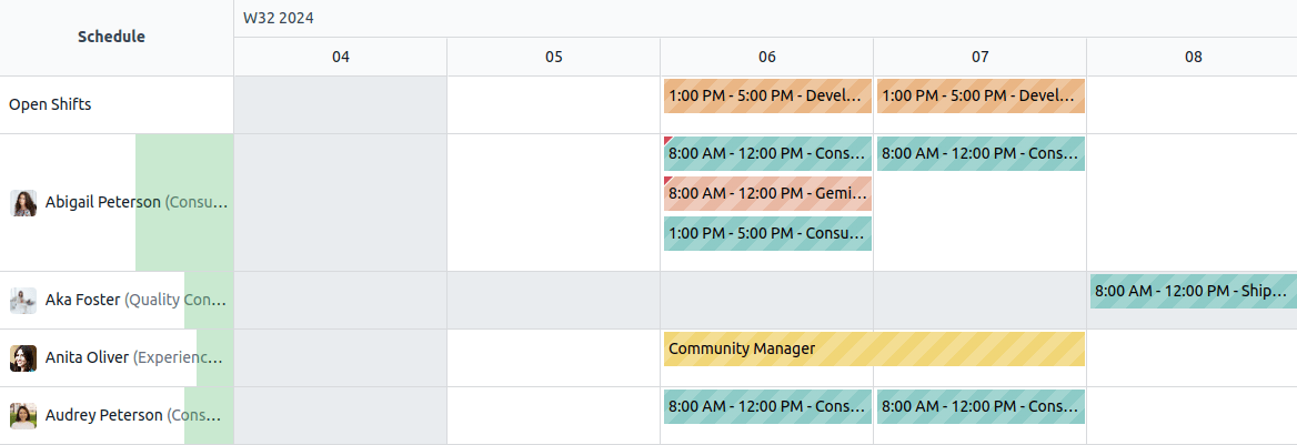 Gantt-sýn módelsins Planning Shift