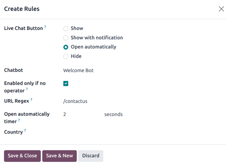 Sýn á reglur rásar fyrir Odoo Live Chat.