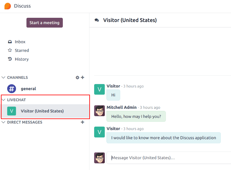 Yfirlit yfir Discuss forritið með skilaboðum sem send eru í gegnum spjall í Odoo.