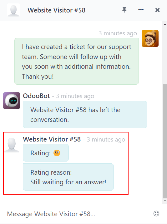 Sýn á spjallglugga frá sjónarhóli símavera með áherslu á einkunn í Odoo Live Chat.