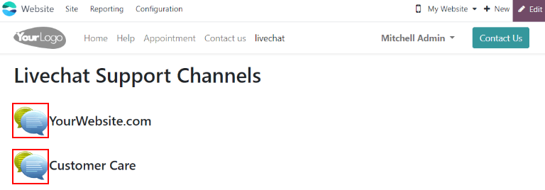 Sýn á vefsíðu fyrir Live Chat einkunnir með áherslu á rásartáknmynd.