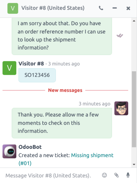 Yfirlit yfir spjallglugga með verkbeiðni úr þjónustukerfinu sem búin var til í Odoo Live Chat.