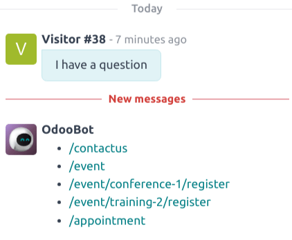 Sýn á niðurstöðu /history skipunar í Live Chat samtali.