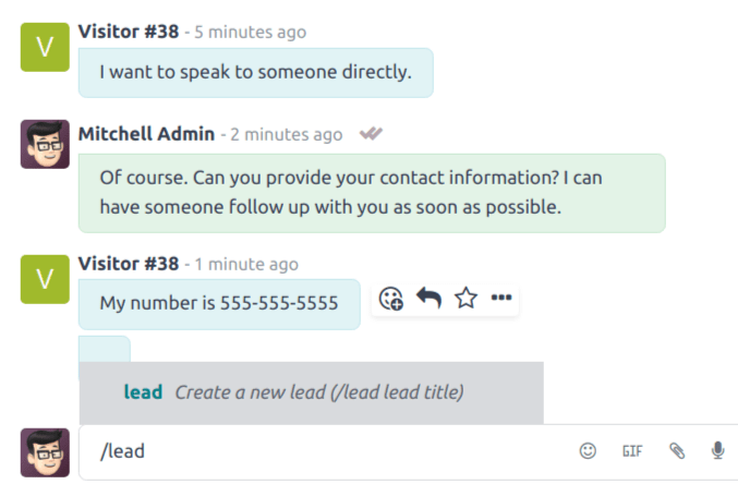 Sýn á niðurstöðu /lead skipunar í Live Chat samtali.