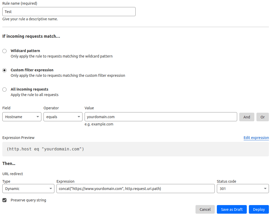 Skilgreining á Cloudflare tilvísunarreglu til að búa til varanlega tilvísun (301)