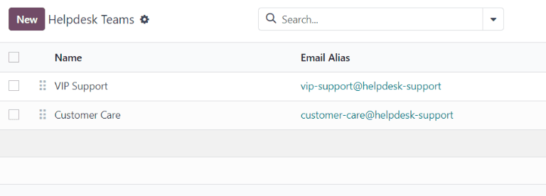 Yfirlit yfir síðu Helpdesk-teyma í Odoo Helpdesk.