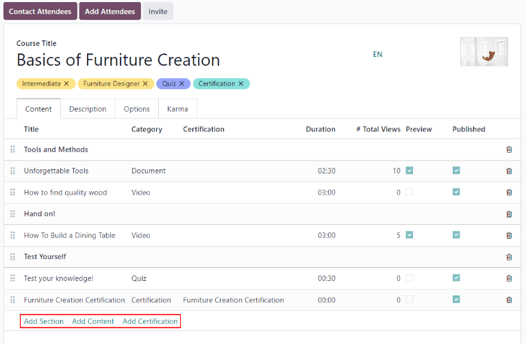 Yfirlit yfir námskeið sem er birt fyrir Odoo Helpdesk.