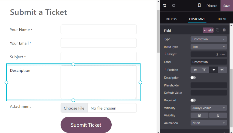 Óbirt vefform til að senda inn miða í Odoo Helpdesk.