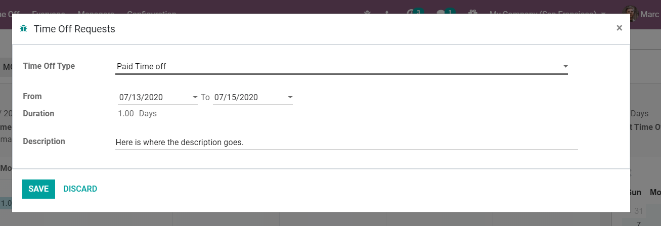 Yfirlit yfir eyðublað frítímabeiðni í Odoo Frítíma