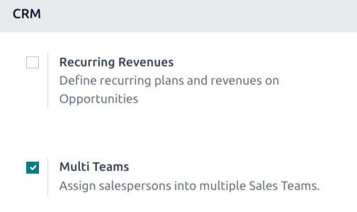 Stillingasíða CRM þar sem 'Mörg teymi' er virkjað.