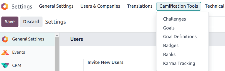 Valmynd fyrir Gamification Tools í Odoo Stillingum.