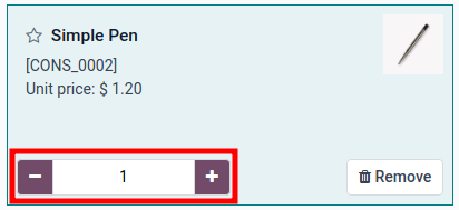 Fjólubláu plús og mínus hnapparnir stilla magn vöru.