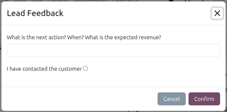 Formið Lead Feedback sem opnast þegar smellt er á „Ég hef áhuga“.