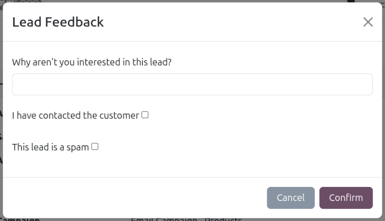 Formið Lead Feedback sem opnast þegar smellt er á „Ég hef ekki áhuga“.