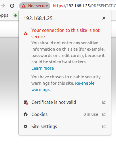Tenging við prentara ekki örugg hnappur í Google Chrome vafra.