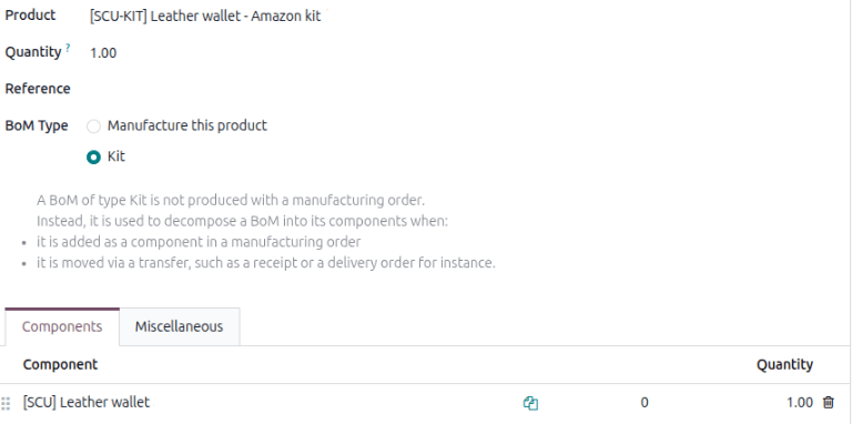 Dæmi um kit-uppskrift fyrir vörukit sem táknar Amazon-listun.