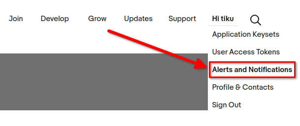Yfirlit yfir Alerts & Notifications stjórnborð eBay