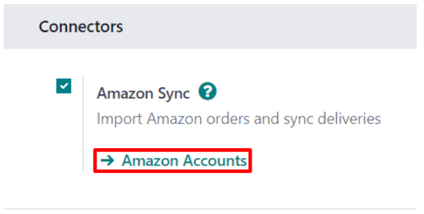 Tengillinn Amazon-reikningar undir stillingunni Amazon-samstilling í Odoo Sala.