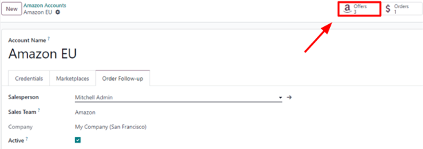 Snjallhnappurinn Tilboð (Amazon) á reikningseyðublaði í Odoo Sala.