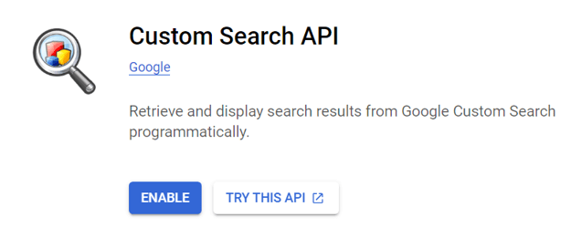 "Custom Search API" síða með Enable hnappinn auðkenndan á Google Cloud Platform.