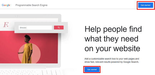 Google Programmable Search Engine síða með Get Started hnöppunum.