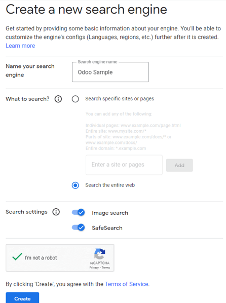 Create new search engine eyðublað sem birtist með stillingum leitarvélar.
