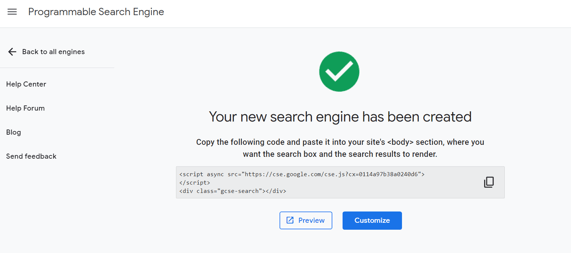 Your New Search Engine Has Been Created síðan sem birtist með copy code.