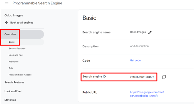Basic overview síða með search engine ID reit.