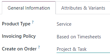 Réttar stillingar fyrir Invoicing Policy og Create on Order á þjónustuvöru.