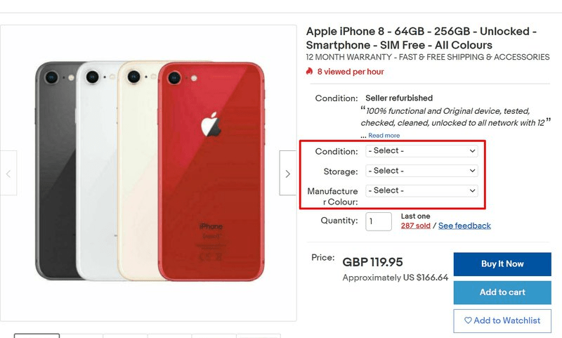 Dæmi á eBay um afbrigði sem hægt er að bæta við vöru.