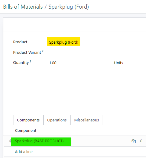 Uppsetning uppskrifta með grunnvöru og tengdum vörum.