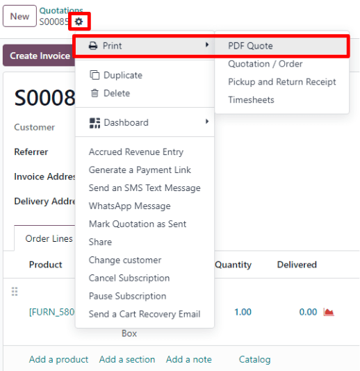 Prenta pdf tilboð valkostur á fellivalmynd staðsettur á staðfestri sölupöntun í Odoo Sölu.