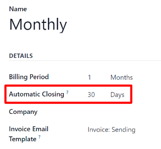Reiturinn Automatic Closing á eyðublaði Recurring Plan í Odoo Áskriftir.