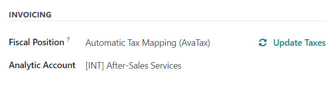 Reikningahluti á flipanum Aðrar upplýsingar í tilboðsformi í Odoo Sala.