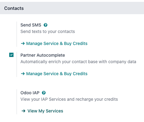 Stillingar appið með Odoo IAP og hnappnum Skoða þjónustur mínar.