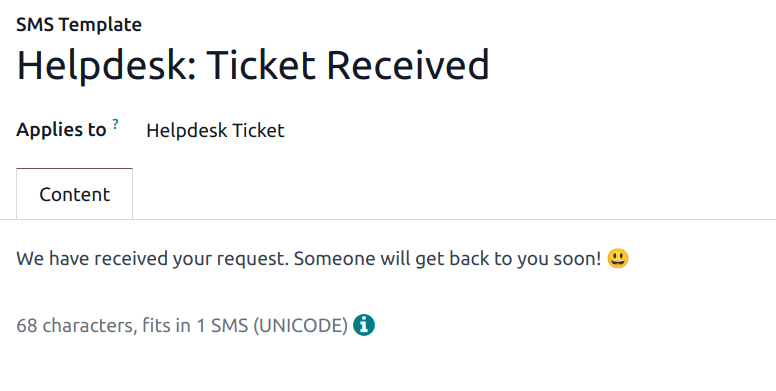 Uppsetningarsíða SMS-sniðmáts í Odoo Helpdesk.