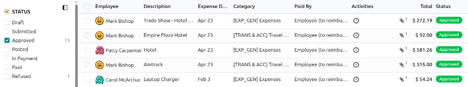 Skoðaðu skýrslur til bókunar með því að velja Expense Reports og Reports to Post.