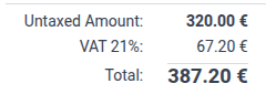Odoo reiknar sjálfkrafa fjárhæð fyrir 21% skatt.