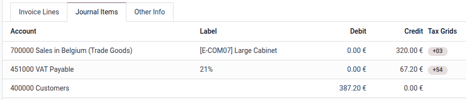 Odoo býr sjálfkrafa til skattskuldfærslu fyrir 21% skatt.